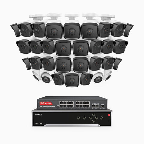 H500 - 5MP 32 Channel PoE Security System with 28 Bullet & 4 Turret Cameras, EXIR 2.0 Night Vision, IP67, Built-in Mic & SD Card Slot, Works with Alexa, 16-Port PoE Switch Included