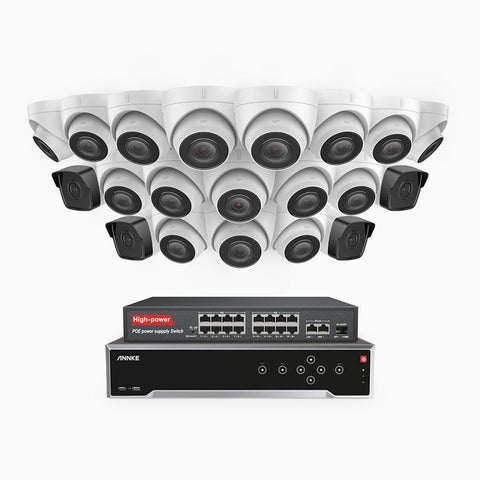 H500 - 5MP 32 Channel PoE Security System with 4 Bullet & 16 Turret Cameras, EXIR 2.0 Night Vision, IP67, Built-in Mic & SD Card Slot, Works with Alexa, 16-Port PoE Switch Included