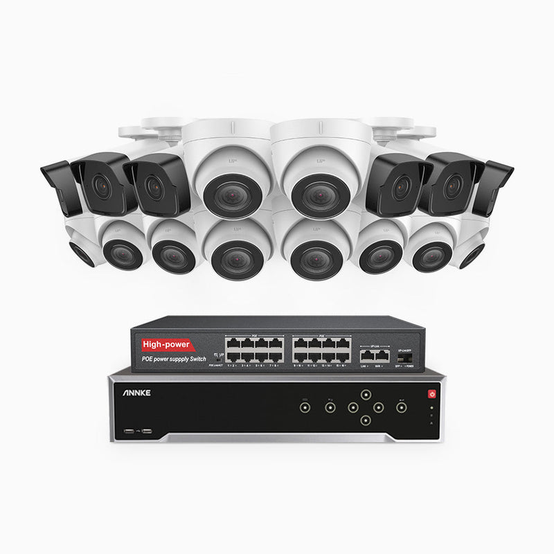 H500 - 5MP 32 Channel PoE Security System with 6 Bullet & 10 Turret Cameras, EXIR 2.0 Night Vision, IP67, Built-in Mic & SD Card Slot, Works with Alexa, 16-Port PoE Switch Included