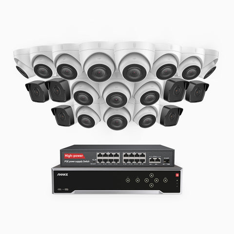 H500 - 5MP 32 Channel PoE Security System with 6 Bullet & 14 Turret Cameras, EXIR 2.0 Night Vision, IP67, Built-in Mic & SD Card Slot, Works with Alexa, 16-Port PoE Switch Included