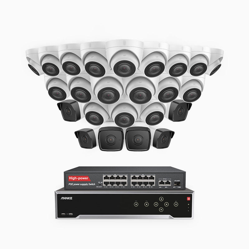 H500 - 5MP 32 Channel PoE Security System with 6 Bullet & 18 Turret Cameras, EXIR 2.0 Night Vision, IP67, Built-in Mic & SD Card Slot, Works with Alexa, 16-Port PoE Switch Included