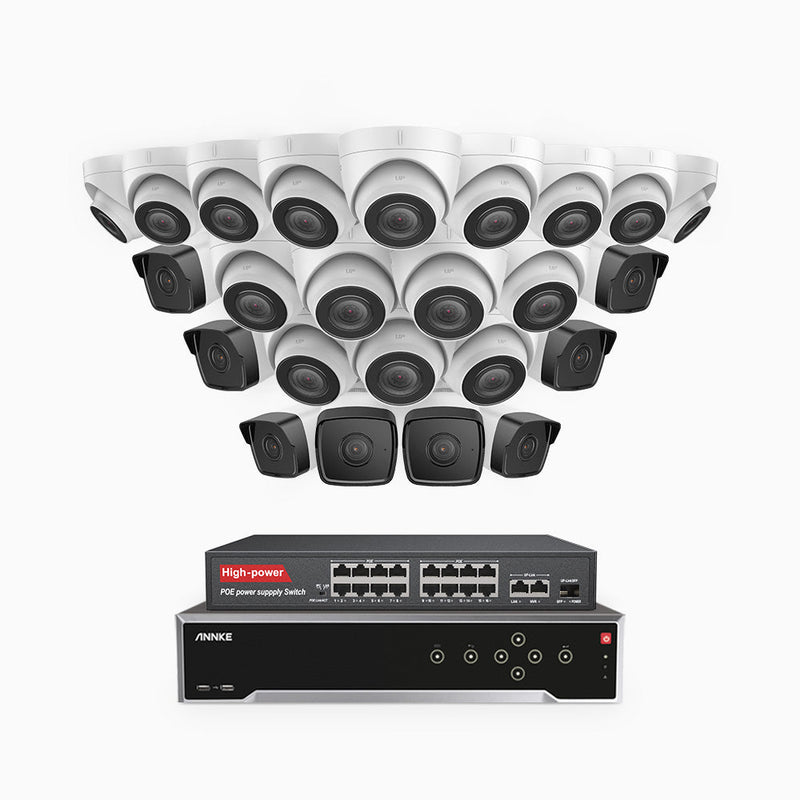 H500 - 5MP 32 Channel PoE Security System with 8 Bullet & 16 Turret Cameras, EXIR 2.0 Night Vision, IP67, Built-in Mic & SD Card Slot, Works with Alexa, 16-Port PoE Switch Included