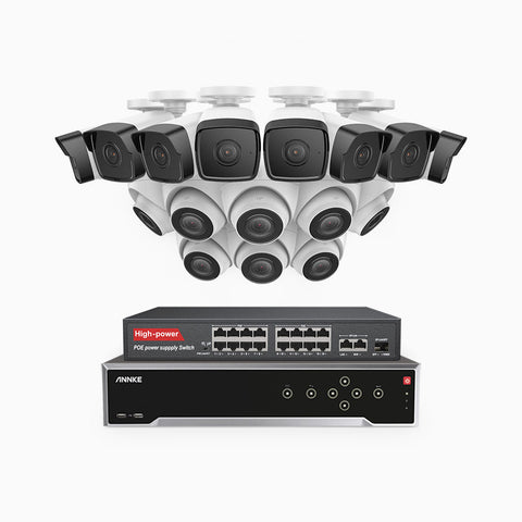 H500 - 5MP 32 Channel PoE Security System with 8 Bullet & 8 Turret Cameras, EXIR 2.0 Night Vision, IP67, Built-in Mic & SD Card Slot, Works with Alexa, 16-Port PoE Switch Included