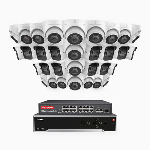H800 - 4K 32 Channel PoE Security System with 14 Bullet & 18 Turret Cameras, Human & Vehicle Detection, EXIR 2.0 Night Vision, Built-in Mic, RTSP Supported, 16-Port PoE Switch Included