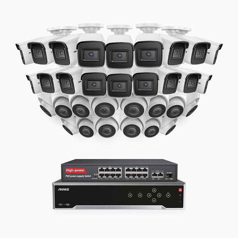 H800 - 4K 32 Channel PoE Security System with 18 Bullet & 14 Turret Cameras, Human & Vehicle Detection, EXIR 2.0 Night Vision, Built-in Mic, RTSP Supported, 16-Port PoE Switch Included