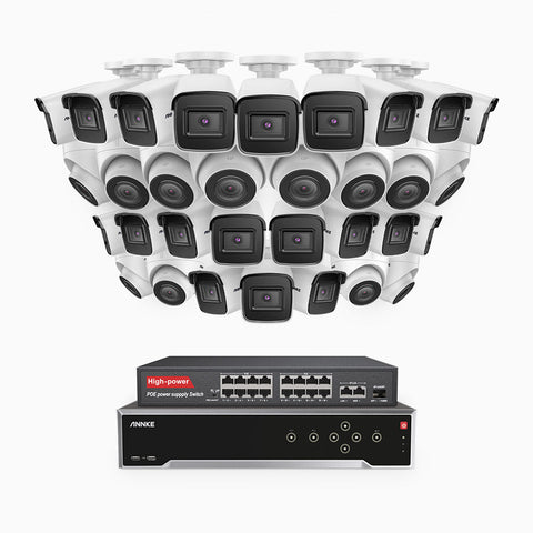 H800 - 4K 32 Channel PoE Security System with 20 Bullet & 12 Turret Cameras, Human & Vehicle Detection, EXIR 2.0 Night Vision, Built-in Mic, RTSP Supported, 16-Port PoE Switch Included