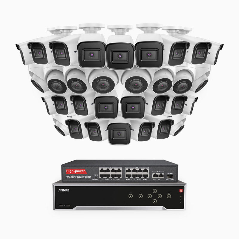 H800 - 4K 32 Channel PoE Security System with 22 Bullet & 10 Turret Cameras, Human & Vehicle Detection, EXIR 2.0 Night Vision, Built-in Mic, RTSP Supported, 16-Port PoE Switch Included