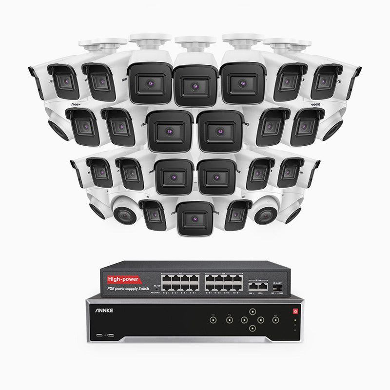 H800 - 4K 32 Channel PoE Security System with 26 Bullet & 6 Turret Cameras, Human & Vehicle Detection, EXIR 2.0 Night Vision, Built-in Mic, RTSP Supported, 16-Port PoE Switch Included