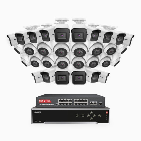 H800 - 4K 32 Channel PoE Security System with 16 Bullet & 16 Turret Cameras, Human & Vehicle Detection, EXIR 2.0 Night Vision, Built-in Mic, RTSP Supported, 16-Port PoE Switch Included
