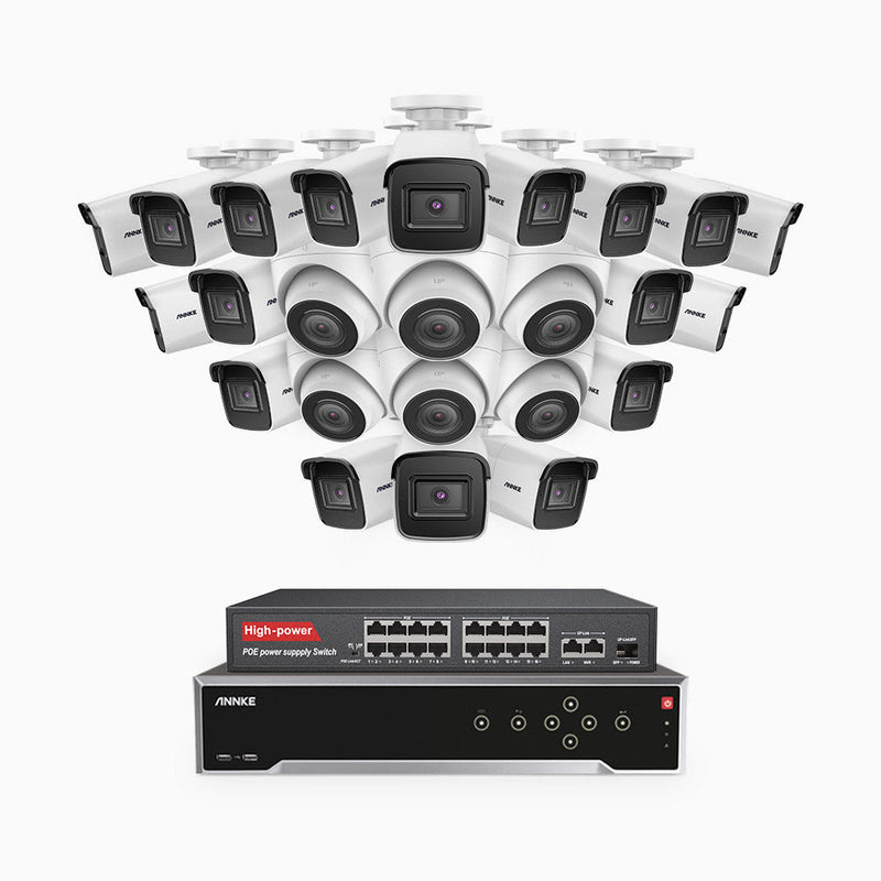 H800 - 4K 32 Channel PoE Security System with 18 Bullet & 6 Turret Cameras, Human & Vehicle Detection, EXIR 2.0 Night Vision, Built-in Mic, RTSP Supported, 16-Port PoE Switch Included