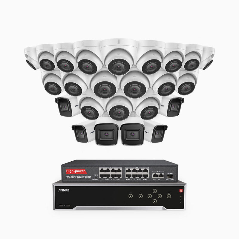 H800 - 4K 32 Channel PoE Security System with 6 Bullet & 18 Turret Cameras, Human & Vehicle Detection, EXIR 2.0 Night Vision, Built-in Mic, RTSP Supported, 16-Port PoE Switch Included