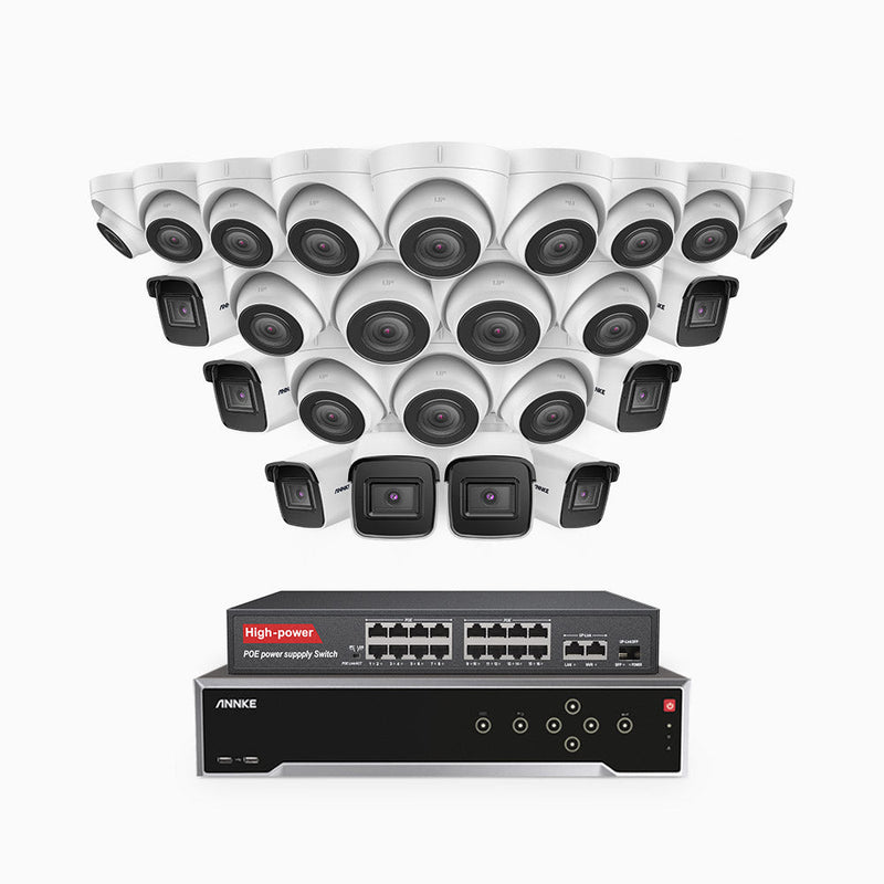 H800 - 4K 32 Channel PoE Security System with 8 Bullet & 16 Turret Cameras, Human & Vehicle Detection, EXIR 2.0 Night Vision, Built-in Mic, RTSP Supported, 16-Port PoE Switch Included