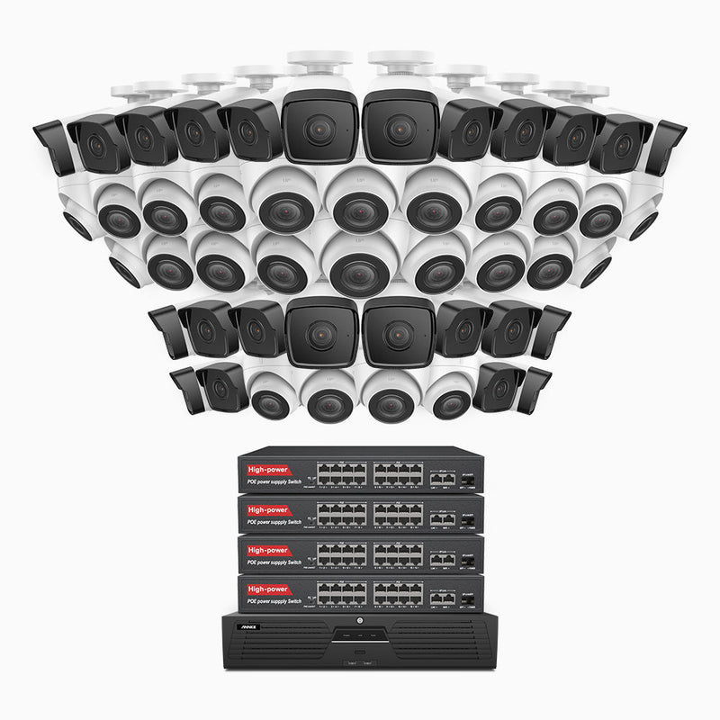 H500 - 5MP 64 Channel PoE Security System with 24 Bullet & 24 Turret Cameras, EXIR 2.0 Night Vision, IP67, Built-in Mic & SD Card Slot, Works with Alexa, 16-Port PoE Switch Included