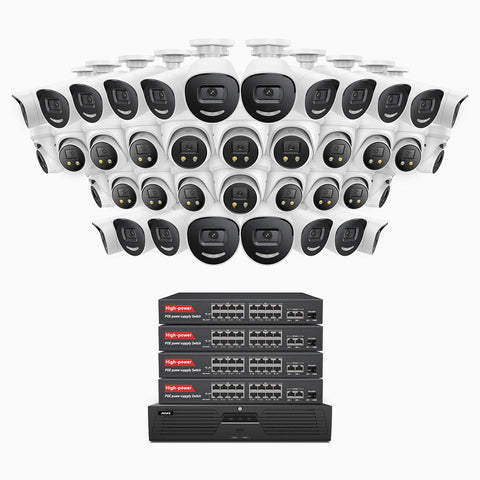 AH800 - 4K 64 Channel PoE Security System with 20 Bullet & 20 Turret Cameras, 1/1.8'' BSI Sensor, f/1.6 Aperture (0.003 Lux), Siren & Strobe Alarm, 2CH 4K Decoding Capability, Human & Vehicle Detection, Perimeter Protection