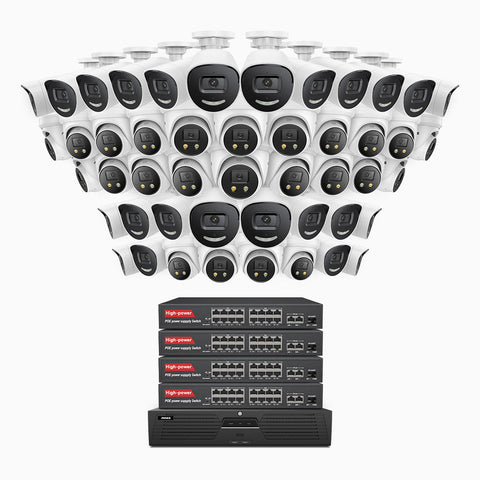 AH800 - 4K 64 Channel PoE Security System with 24 Bullet & 24 Turret Cameras, 1/1.8'' BSI Sensor, f/1.6 Aperture (0.003 Lux), Siren & Strobe Alarm, 2CH 4K Decoding Capability, Human & Vehicle Detection, Perimeter Protection