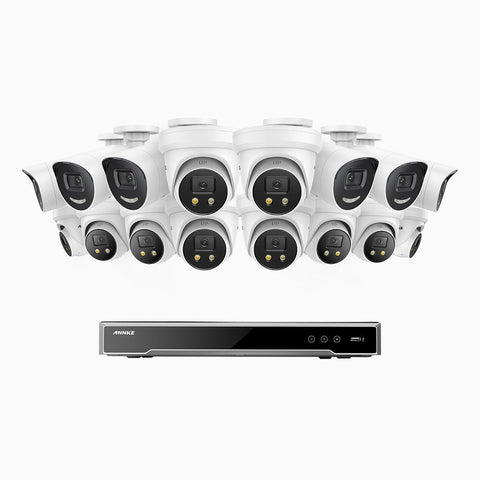 AH800 - 4K 16 Channel PoE Security System with 6 Bullet & 10 Turret Cameras, 1/1.8'' BSI Sensor, f/1.6 Aperture (0.003 Lux), Siren & Strobe Alarm, 2CH 4K Decoding Capability, Human & Vehicle Detection, Perimeter Protection