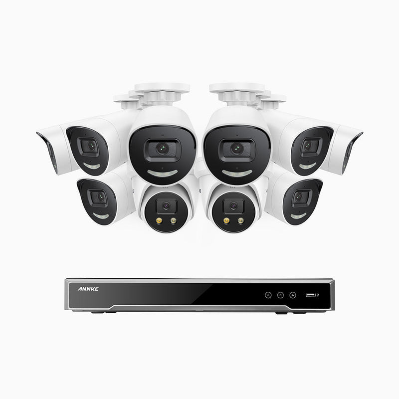 AH800 - 4K 16 Channel PoE Security System with 8 Bullet & 2 Turret Cameras, 1/1.8'' BSI Sensor, f/1.6 Aperture (0.003 Lux), Siren & Strobe Alarm, 2CH 4K Decoding Capability, Human & Vehicle Detection, Perimeter Protection